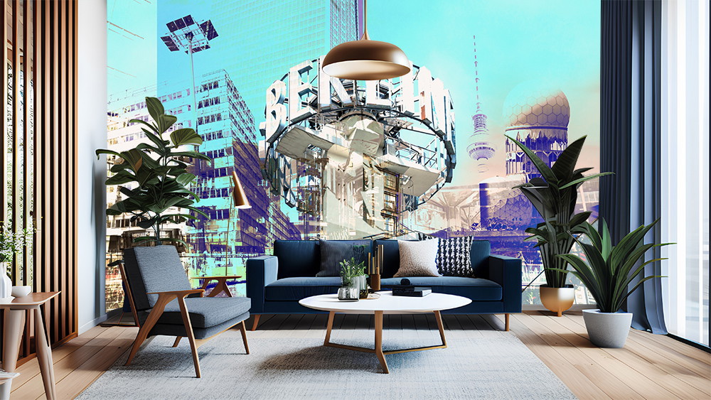 Fototapeta - Salon z miejskim designem, nowoczesnymi meblami i panoramą Berlina w tle
