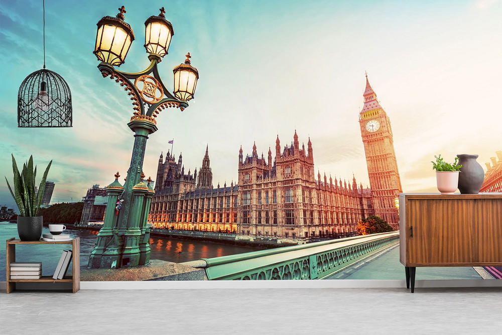 Papier peint photo - Panorama de Big Ben et des Maisons du Parlement au coucher du soleil à Londres, décoré dans le salon