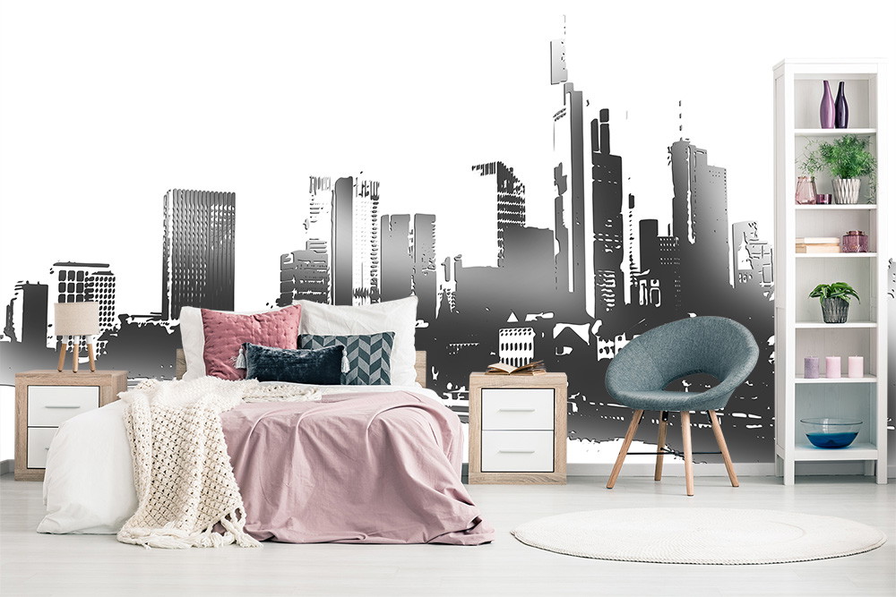 Fototapete - Schlafzimmer mit Wandtapete im Skyline-Design, Bett, Nachttischen und Regal