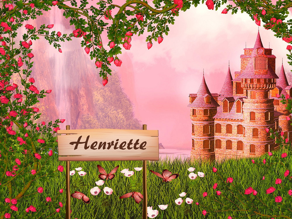 Muurschildering - Sprookjesachtig tafereel met een kasteel, roze bloemen en vlinders, omringd door groene natuur en een naambordje met de tekst 'Henriette'