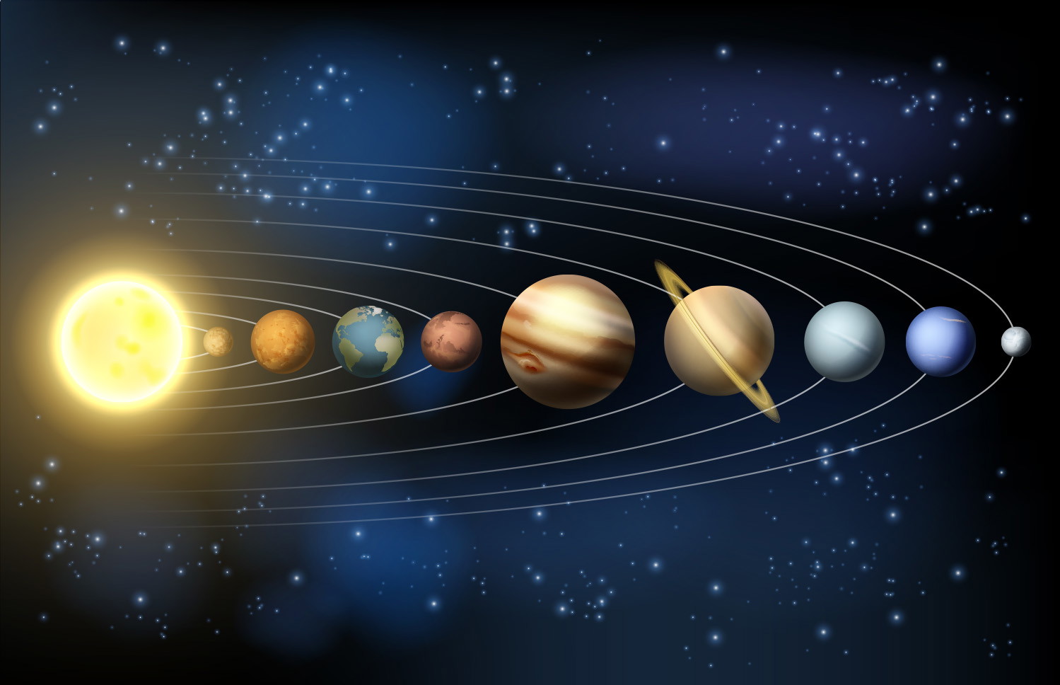 Muurschildering - voorstelling van het zonnestelsel met planeten en sterren in de ruimte