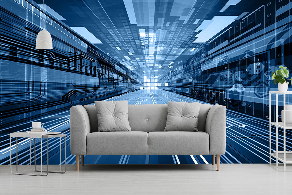 Fototapete - Futuristisches digitales Design mit blauen Linien, Lichtstrahlen und einem modernen grauen Sofa im Vordergrund.