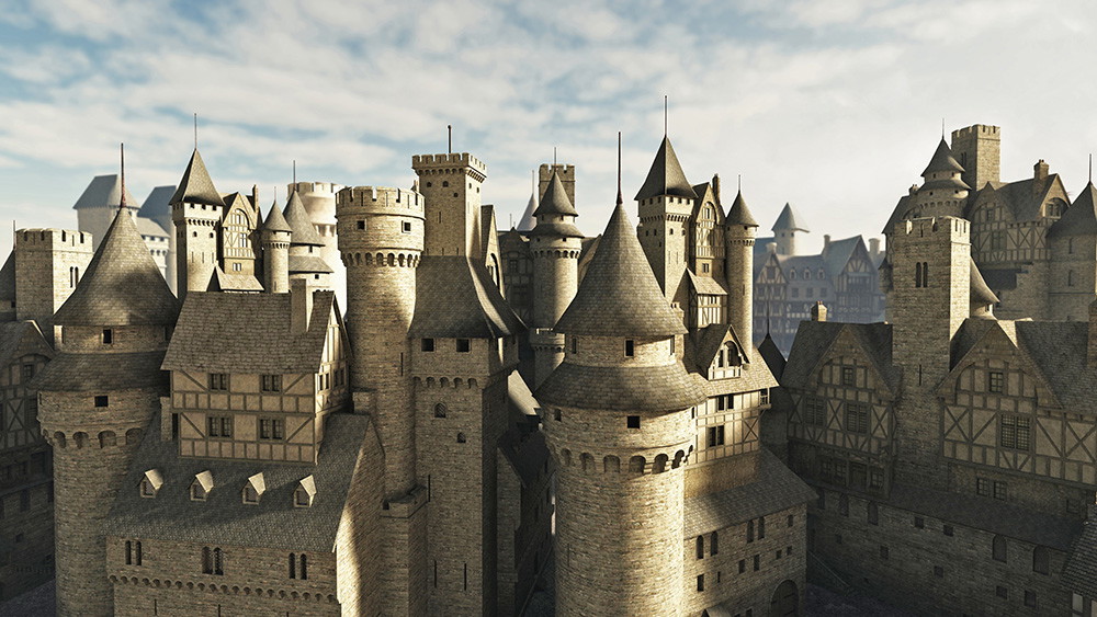 Wall mural - Detailed view of an impressive medieval castle with numerous towers and battlements