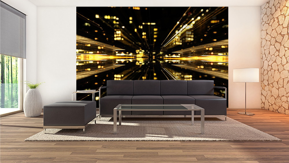 Fototapete - Wohnzimmer mit Bild einer leuchtenden Skyline, moderne Möbel und helle Deko