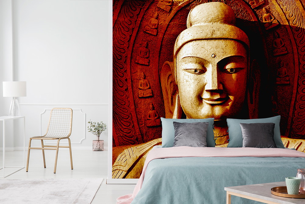 Fototapete - Buddha-Statue in Erdtönen, dekorative Wandgestaltung im Schlafzimmer