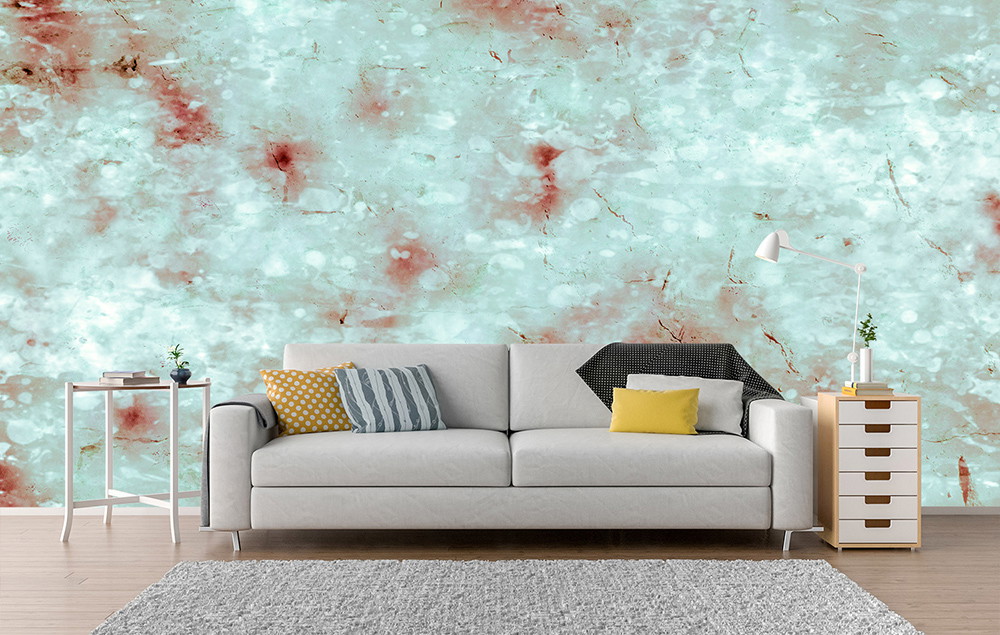 Wall mural - Bright living room with sofa in front of a wall with abstract pattern in pastel colours