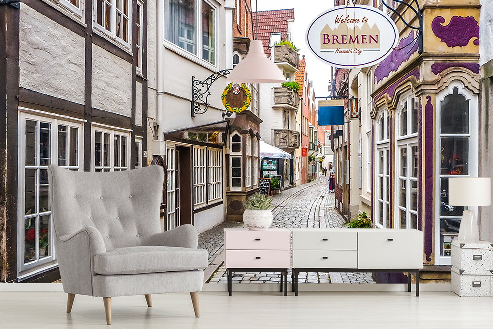 Fototapete - Charmante Gasse in Bremens Altstadt mit traditionellen Fachwerkhäusern