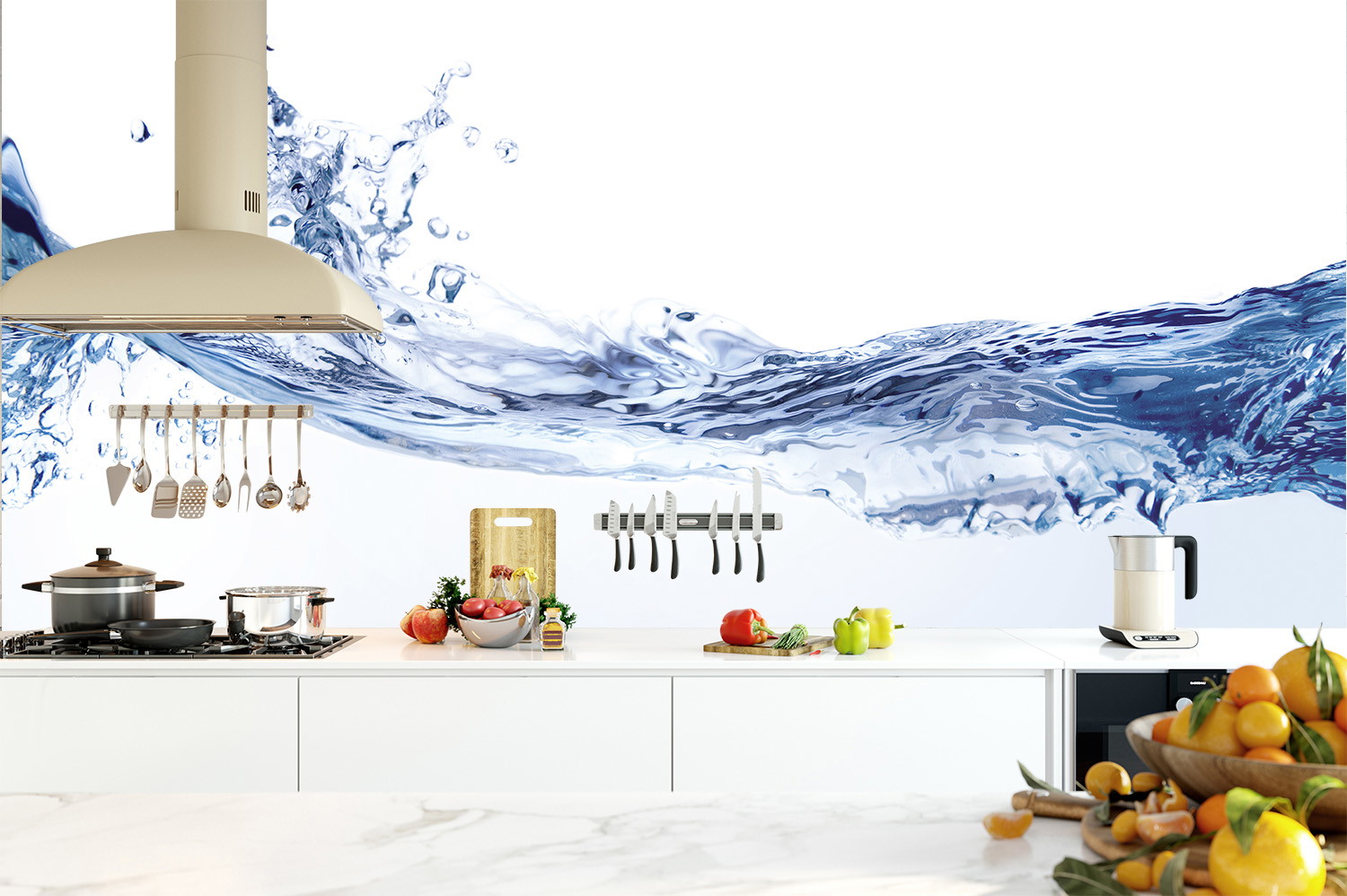 Fototapete - Stilvolle Küche mit einer Fototapete von spritzendem Wasser im Hintergrund und moderner Küchenausstattung