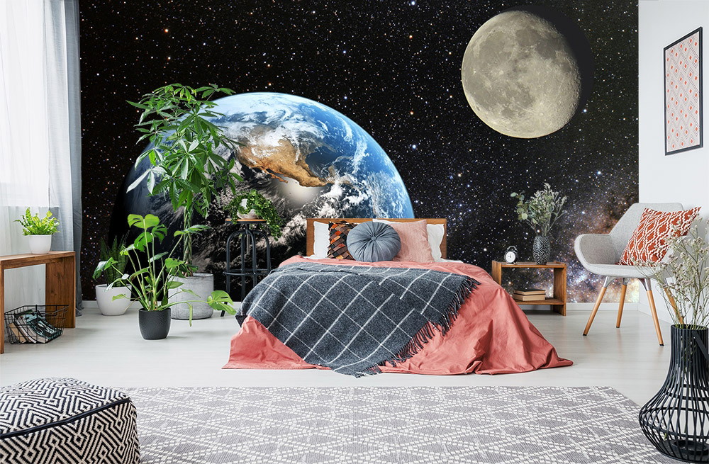 Wall mural - Bedroom with mural of earth and moon in space