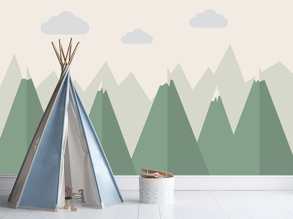 Muurschildering - Berglandschap in de kinderkamer met tipi tent en speelgoed