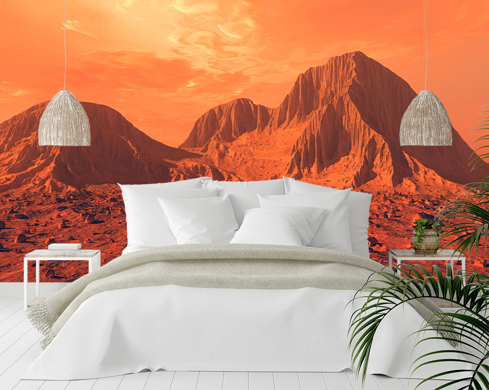 Fotobehang - Slaapkamer met fotobehang van een rood Marslandschap en een oranje lucht, versierd met witte kussens en hanglampen.
