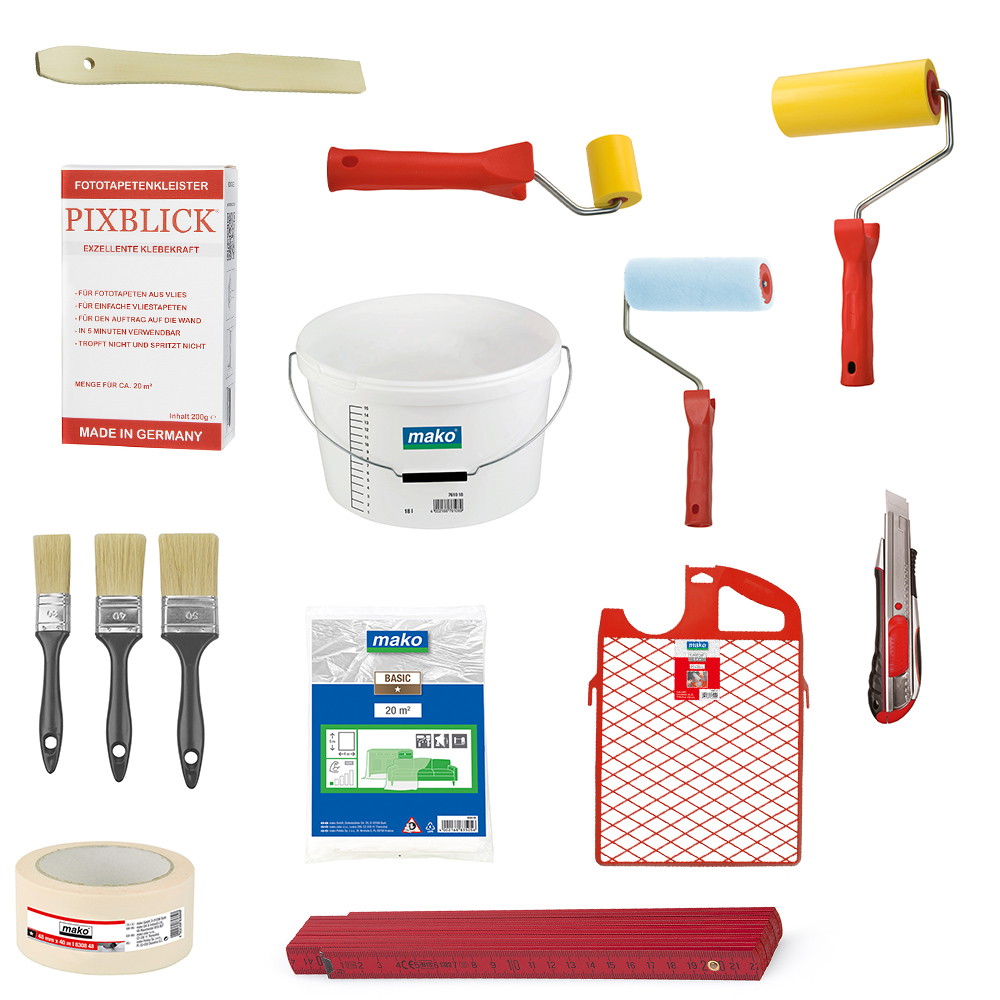 Papier peint photo - kit avec colle pour papier peint photo, rouleaux de peinture, pinceaux, seau, film de masquage, ruban adhésif, grille et cutter