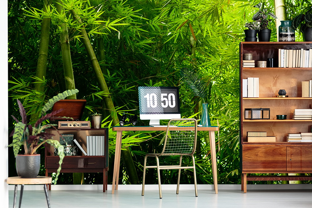 Papier peint photo - bureau avec mur en bambou, meubles en bois et plantes au design moderne