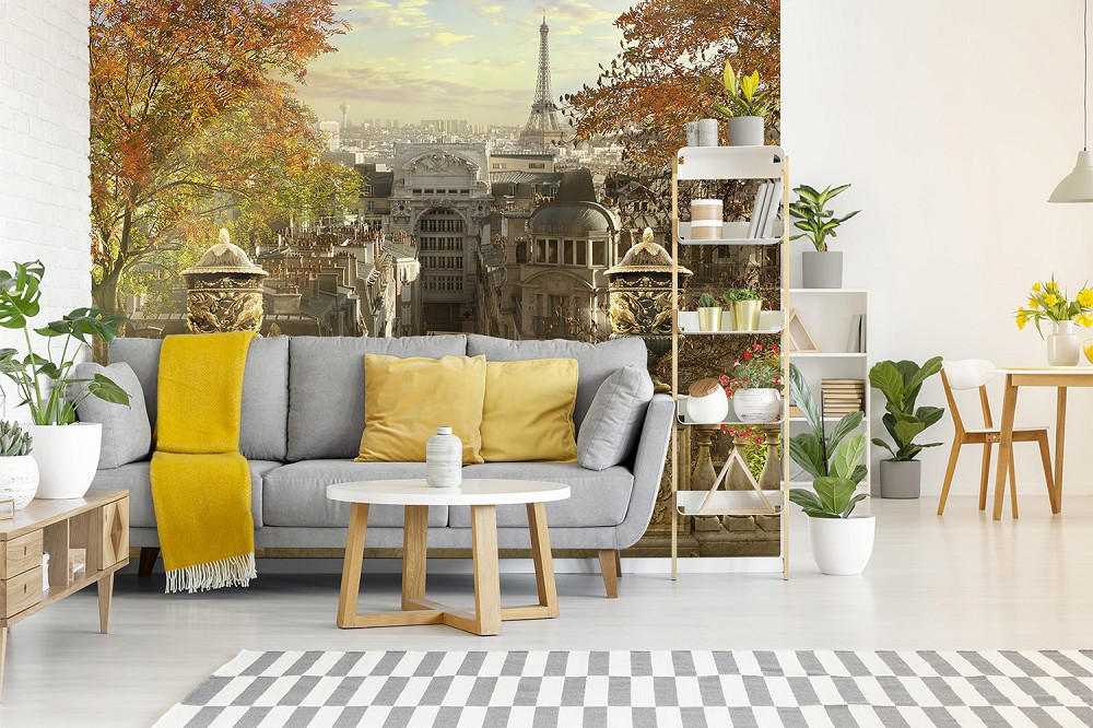 Wall mural - Modern living room with sofa corner and autumn view of Paris, including the Eiffel Tower