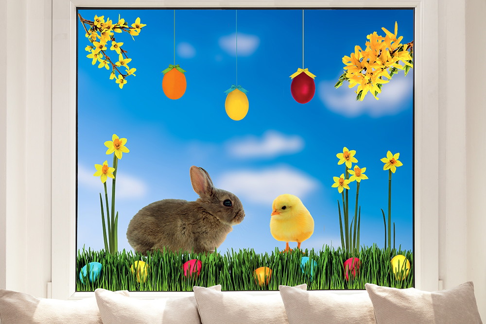 Fenstersticker - Ostermotive mit Hase und Küken auf einer frühlingshaften Wiese mit Ostereiern und blühenden Narzissen