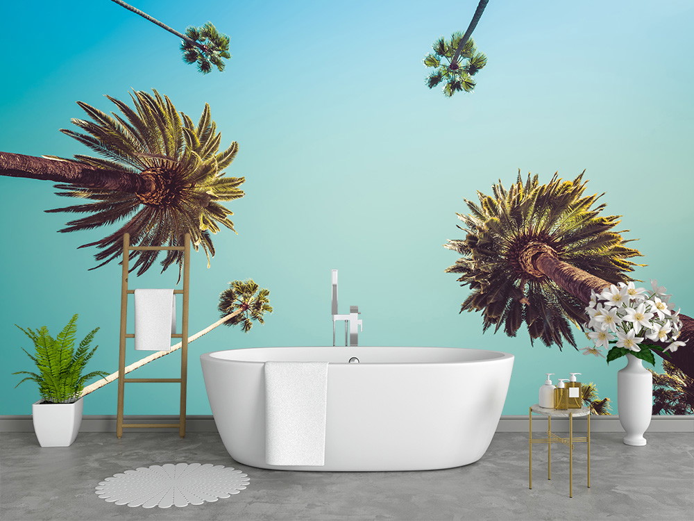 Fototapete - Tropisches Design mit Palmen, modernes Badezimmer mit freistehender Wanne und Pflanzen