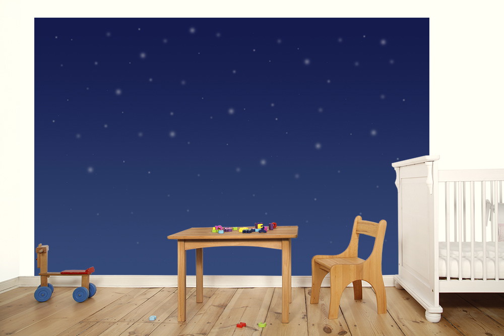 Fototapete - Kinderzimmer mit Sternenhimmel, Holzstuhl, Tisch und Spielzeug