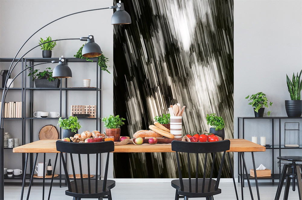 Fototapete - Esszimmer mit schwarzem Stuhl, modernem Tisch und abstrakter Tapete