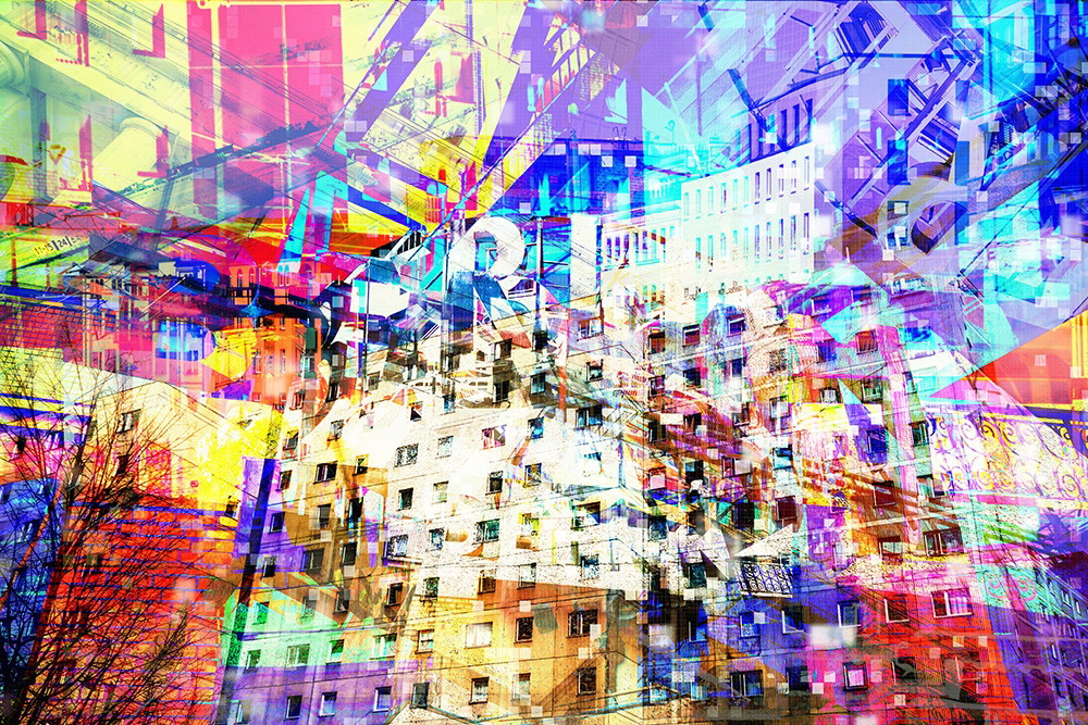 Wall mural - Vibrant collage of buildings and abstract patterns in bright colours