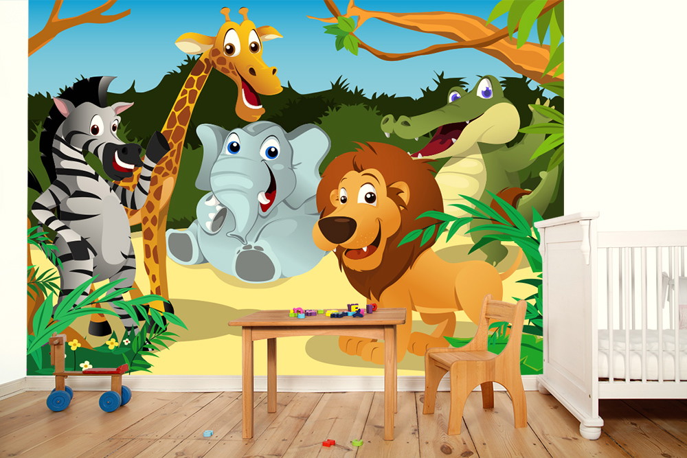Fototapete - Fröhliche Tiere im Dschungel: Zebra, Giraffe, Elefant, Löwe und Krokodil in einem Kinderzimmer
