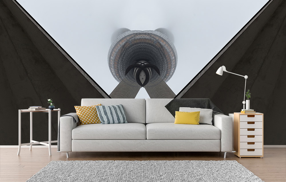 Fototapete - Wohnzimmer mit Couch und Lampe vor Tapete mit Motiv des Berliner Fernsehturms