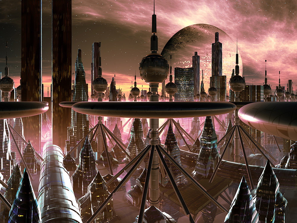 Fototapeta - Widok futurystycznego miasta z imponującą architekturą i strukturami science fiction w wieczornym świetle