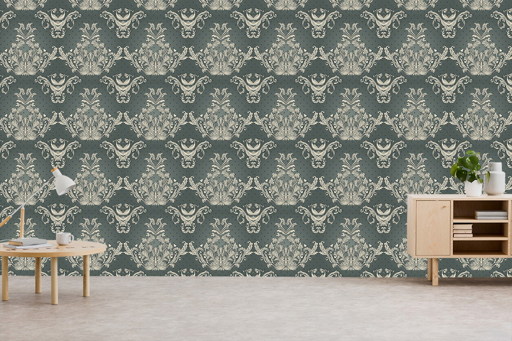 Muurschildering - Woonkamer met stijlvol behang in een klassiek bloemenpatroon in groen en beige, aangevuld met moderne meubels.