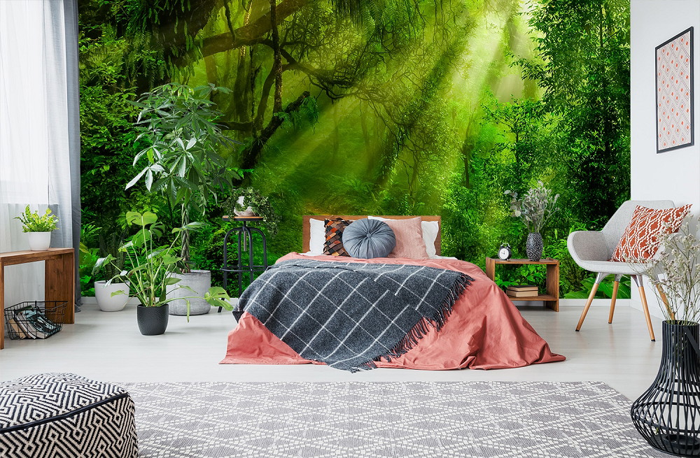 Wall mural - Bedroom with forest landscape and green plants