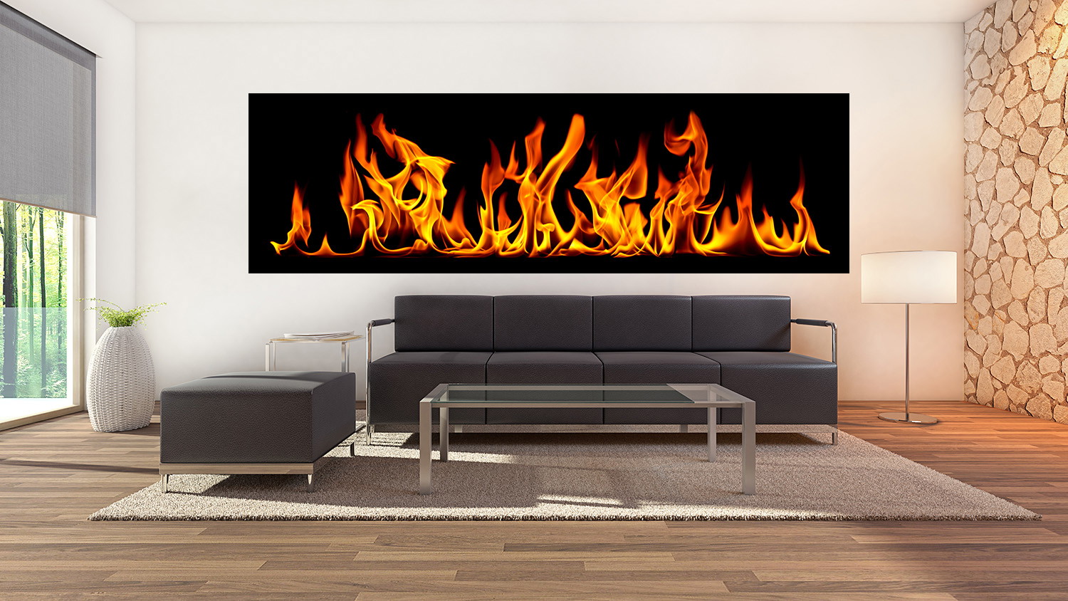 Wall mural - Stylish living room with wall-filling flame decoration behind the couch