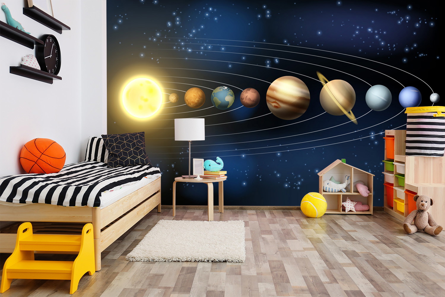 Fototapeta - Pokój dziecięcy z planetami układu słonecznego i rozgwieżdżonym niebem jako dekoracja ścienna
