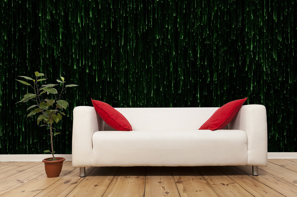 Papier peint photo - Salon moderne avec canapé blanc et coussins rouges, décoré avec un papier peint vert matriciel en arrière-plan