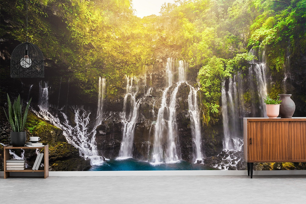 Wall mural - Vibrant wallpaper with tropical waterfalls and green nature