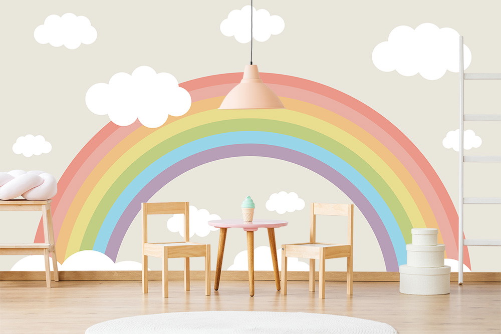 Fototapete - Fröhliche Szene mit Regenbogen und Wolken im Kinderzimmer