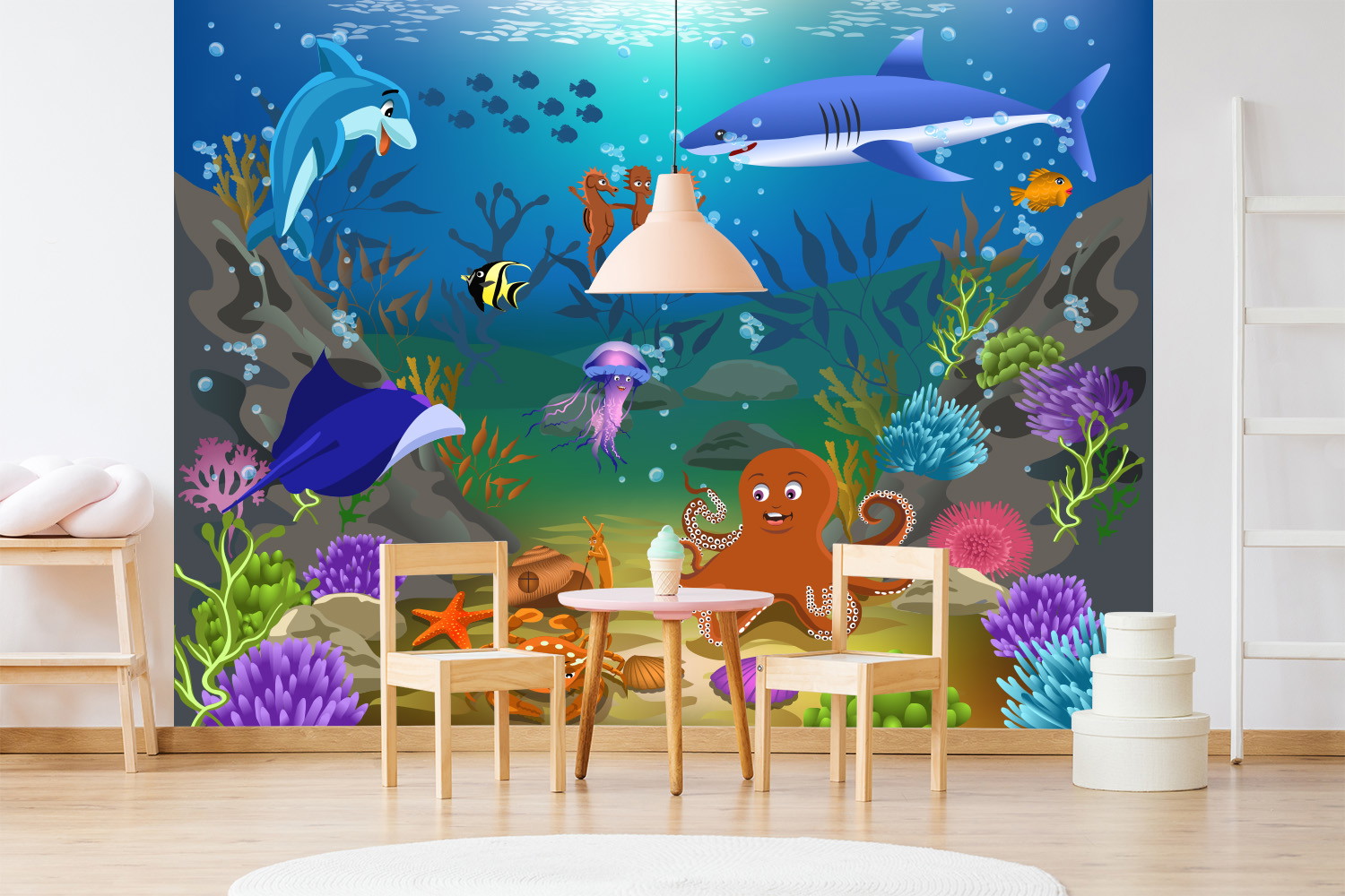 Fototapete - Bunte Unterwasserwelt mit Delfin, Hai, Oktopus und Korallen