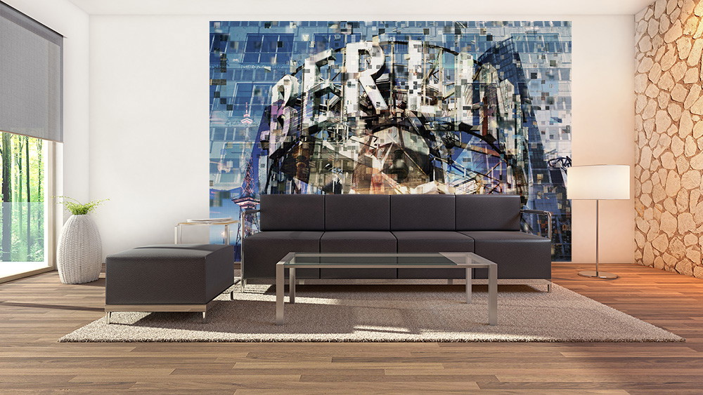 Fototapeta - Salon z czarną sofą, szklanym stołem i berlińskim kolażem w tle