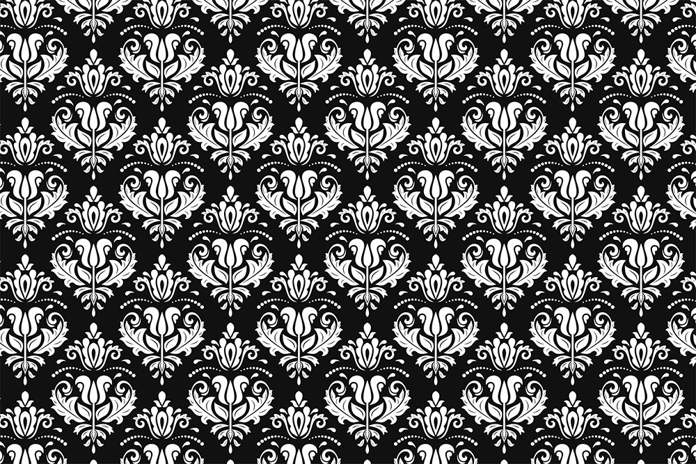 Papier peint photo - motif décoratif damassé noir et blanc, idéal pour une décoration intérieure luxueuse
