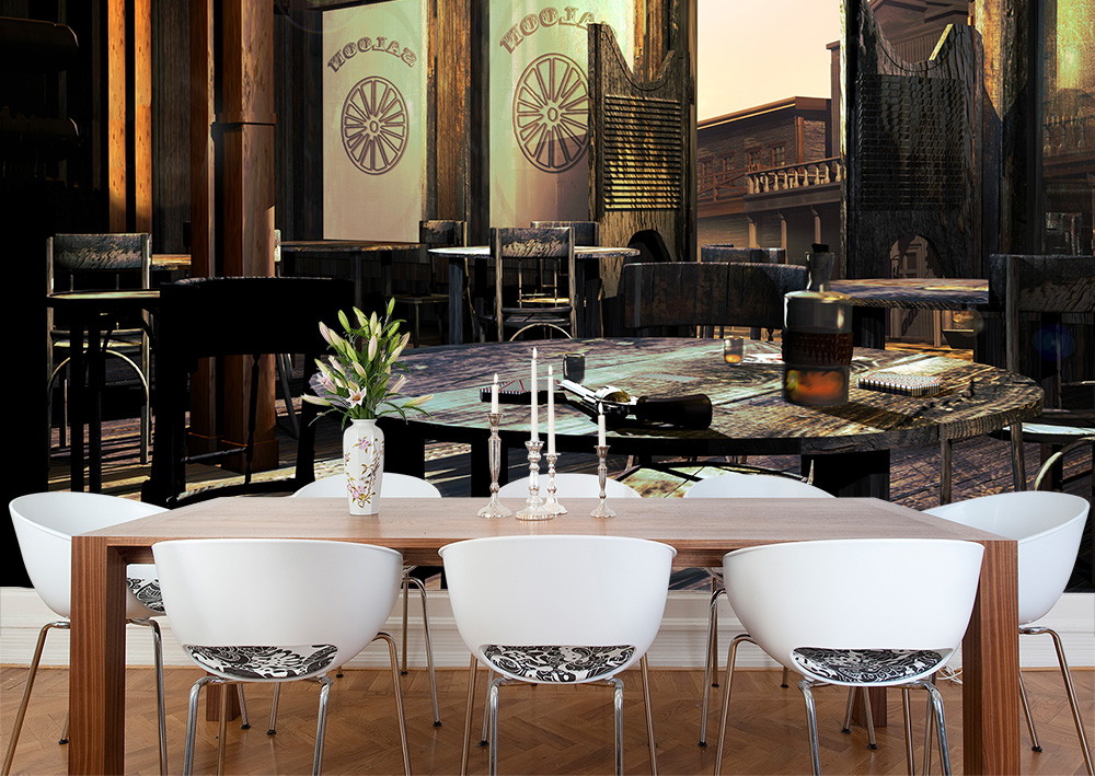 Fototapete - Esszimmer mit einem Bild eines Vintage Western Saloons im Hintergrund, das ein rustikales, holzgetäfeltes Interieur zeigt.