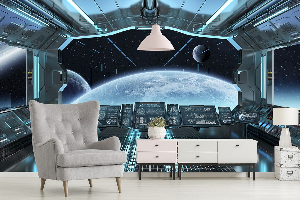 Wall mural - Views of a spaceship cockpit with stars and a planet in the background