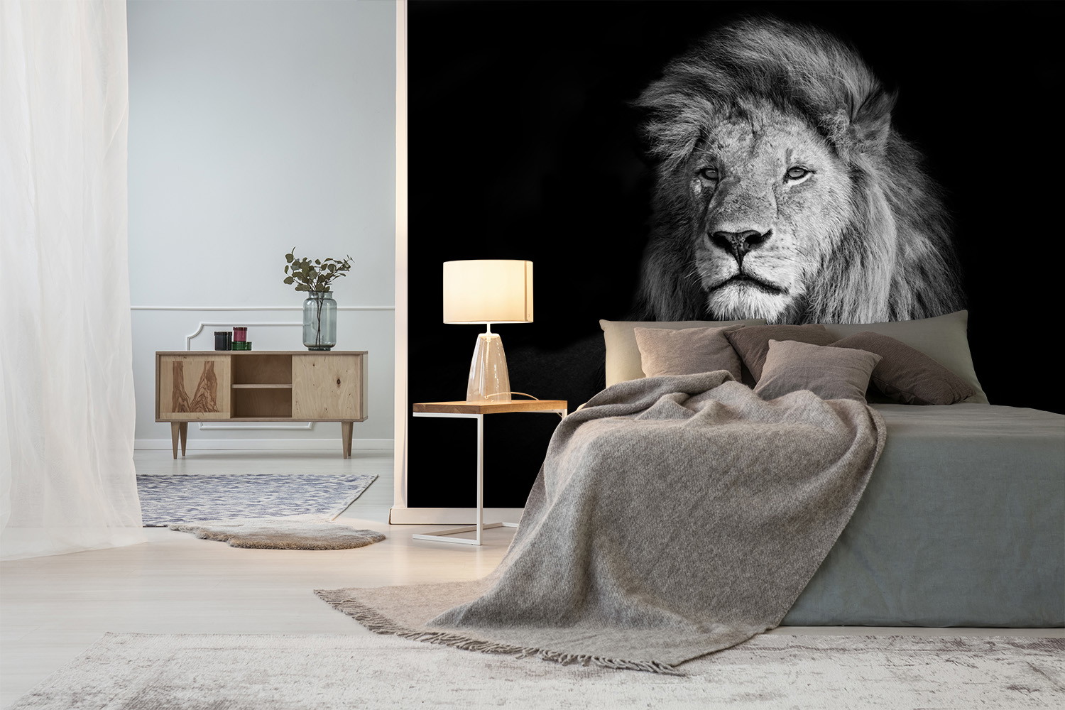 Fototapete - Schwarz-weißes Porträt eines Löwen als Wanddekoration im Schlafzimmer