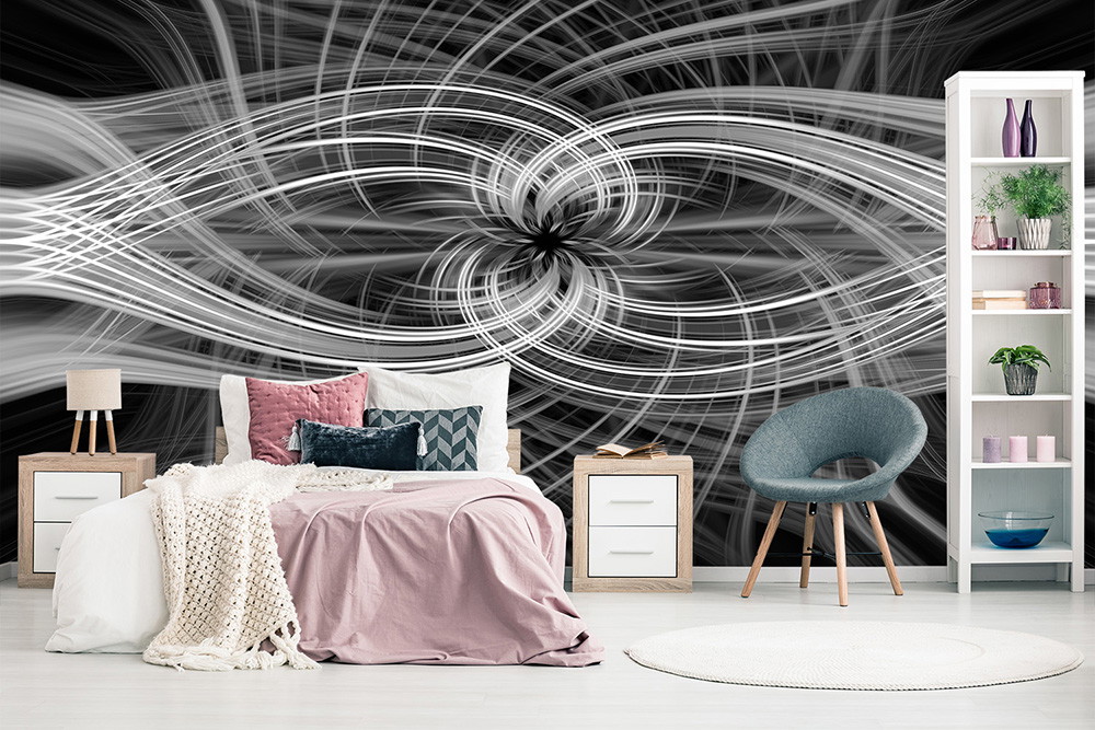 Fototapete - Schlafzimmer mit dekorativer schwarz-weißer Fototapete und moderner Einrichtung