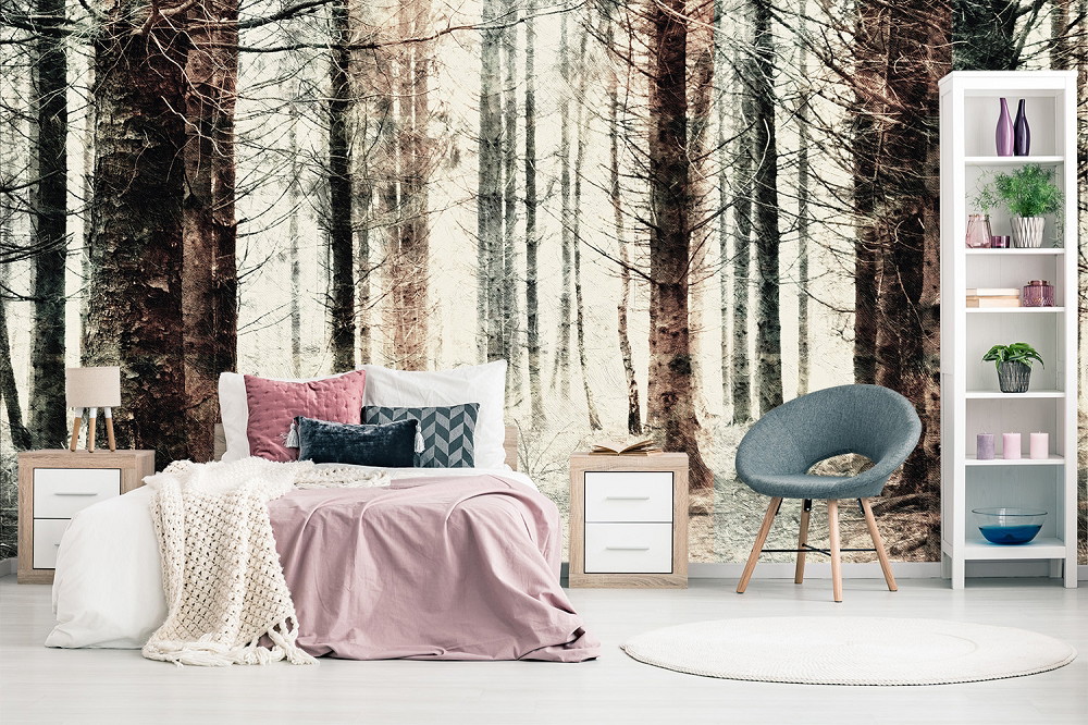 Papier peint photo - chambre lumineuse avec un motif de forêt sur le mur, un lit avec des détails roses et des meubles modernes
