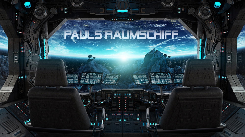 Muurschildering - Interieur van een futuristisch ruimteschip met uitzicht op de aarde en planeten in de ruimte