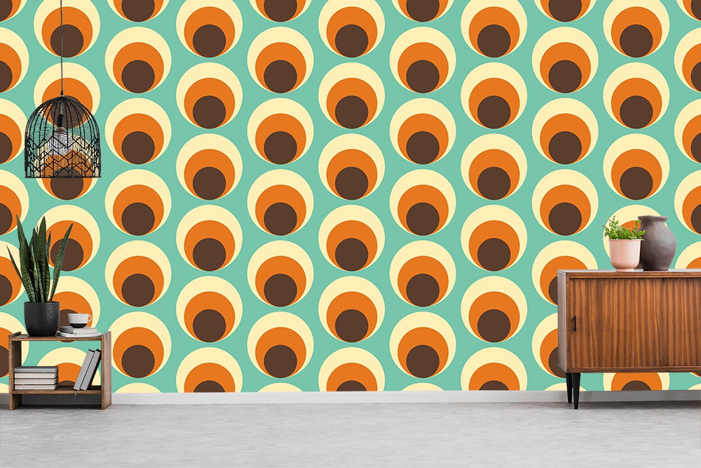 Wall mural - Wall with geometric retro pattern of circles in orange and brown on a mint green background, decorated with mid-century style furniture