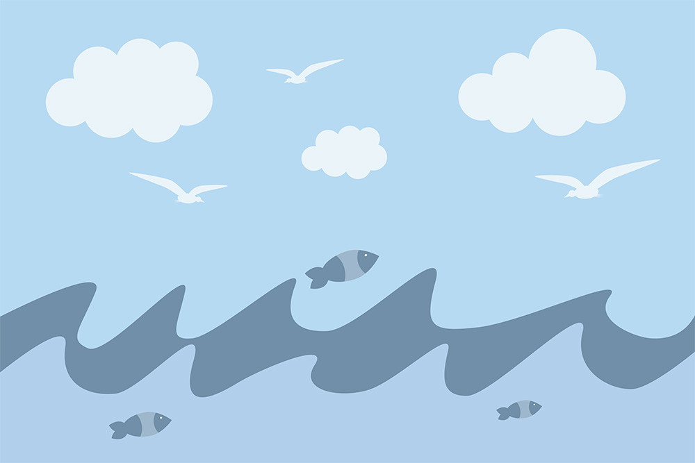 Muurschildering - Grafische illustratie van vissen in de zee met wolken en meeuwen erboven