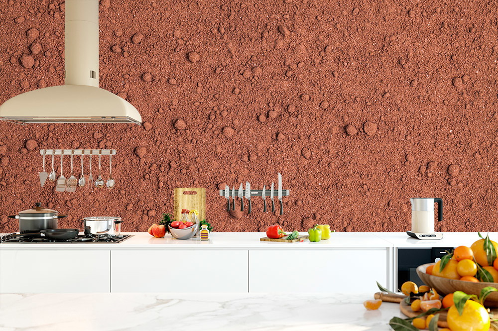 Fototapete - Küche mit einer Wand in erdiger Textur, modernen Geräten und frischem Gemüse