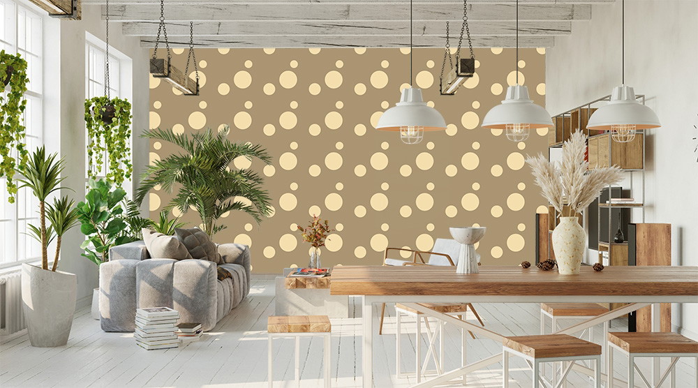 Papier peint photo - salon avec mur à motifs de points, plantes et décorations en bois
