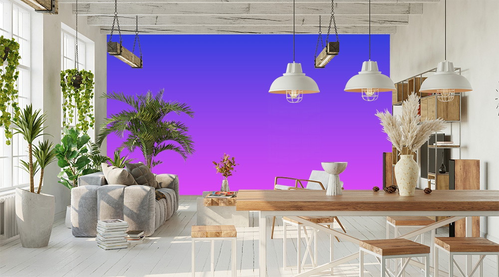 Fototapete - Helles Wohnzimmer mit violettem Farbverlauf an der Wand, grünen Pflanzen und moderner Einrichtung im skandinavischen Stil