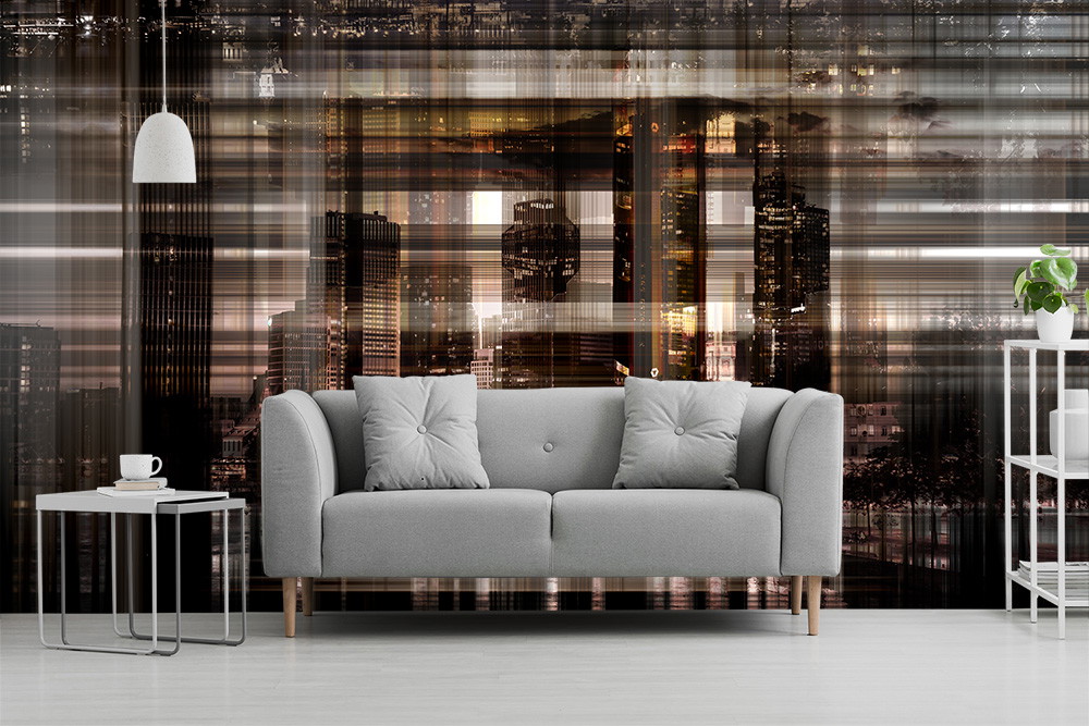 Fototapeta ścienna - Stylowa fototapeta ścienna przedstawiająca scenę miejską z geometrycznymi liniami za szarą sofą, nowoczesnym stolikiem kawowym i rośliną doniczkową