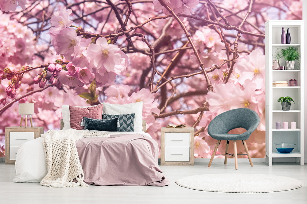 Wall mural - Bedroom decorated with a large cherry blossom wall and modern furniture