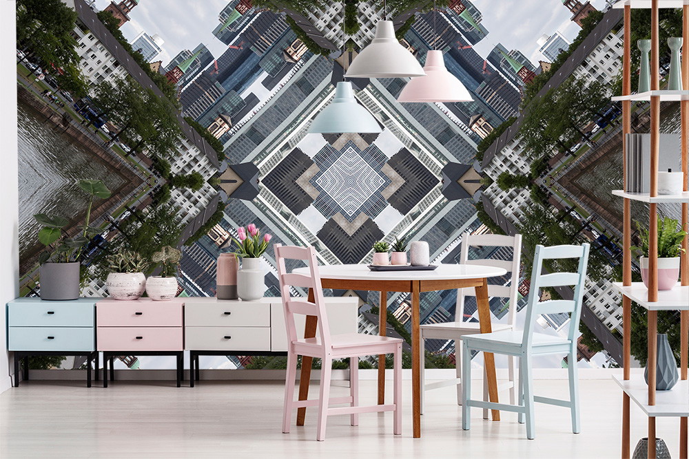 Wall mural - Creative cityscape with geometric pattern behind dining table and chairs in a modern interior